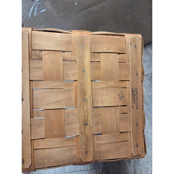 Longaberger Large Handwoven Brown Basket Signed 1988 Red Green Trim With Handle - Picture 4 of 6